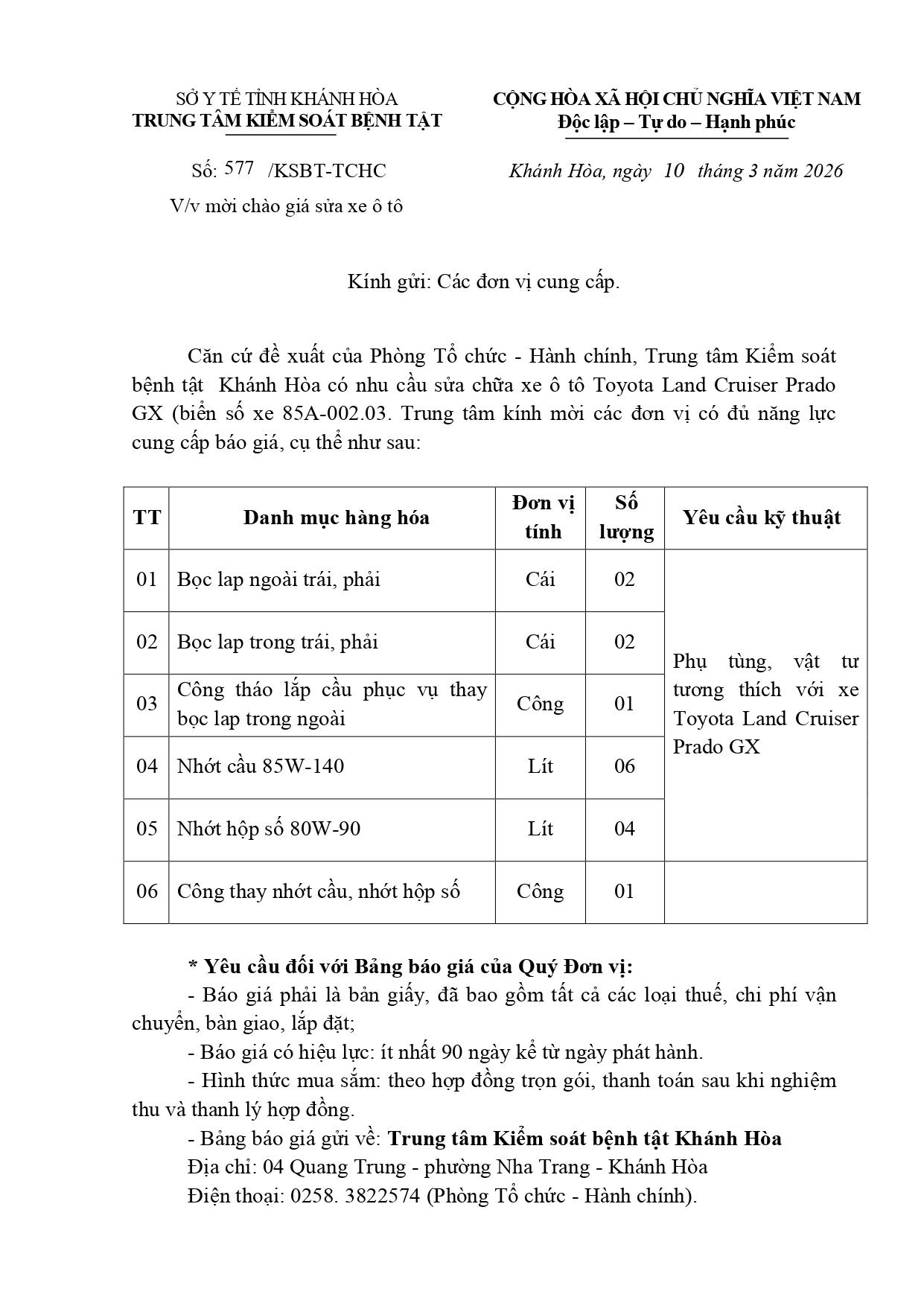 V/v mời chào giá sửa xe ô tô